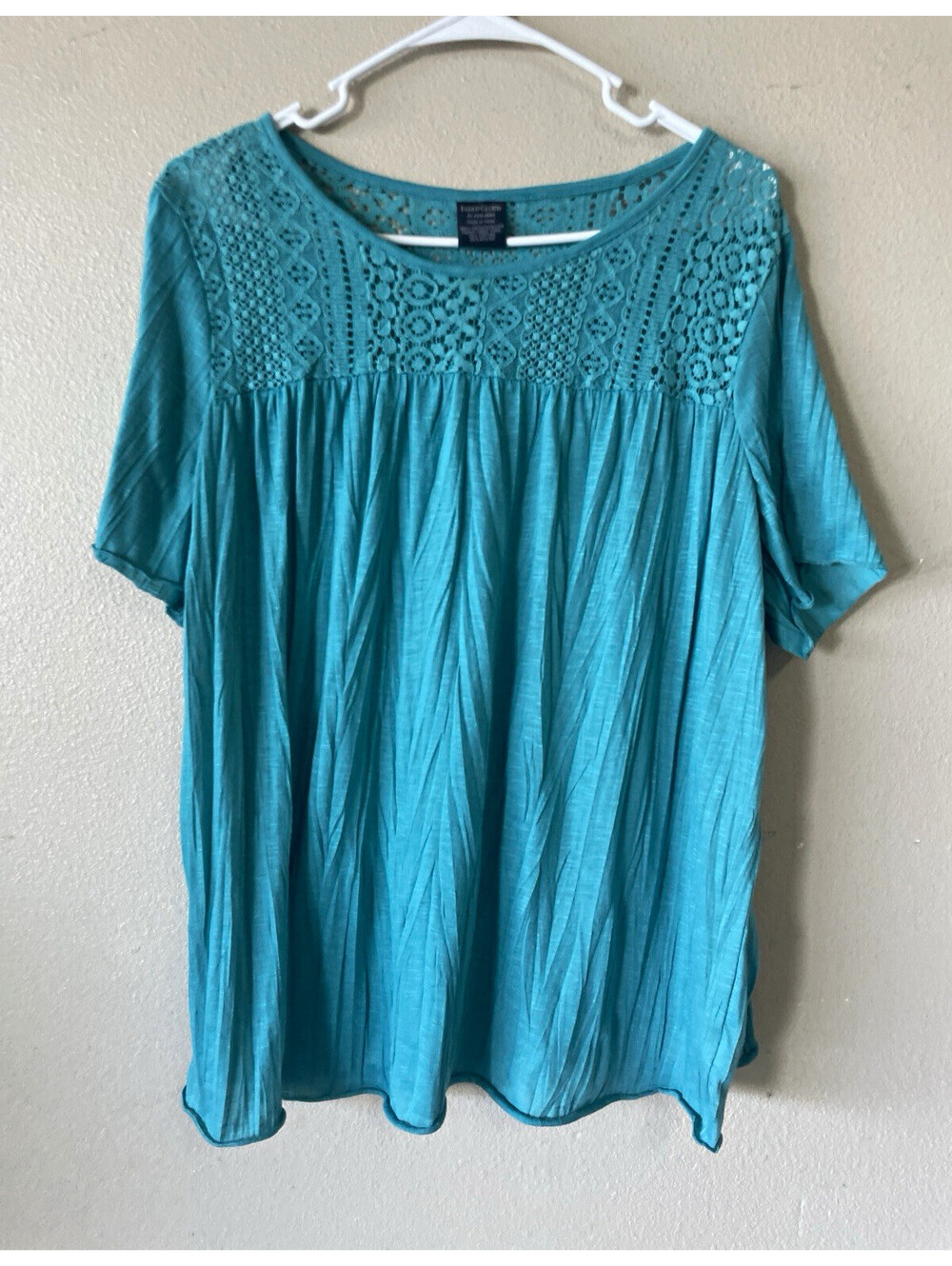 Faded Glory 2X Plus Blue Lace Yoke Solid Round Neck Short Sleeve Blouse